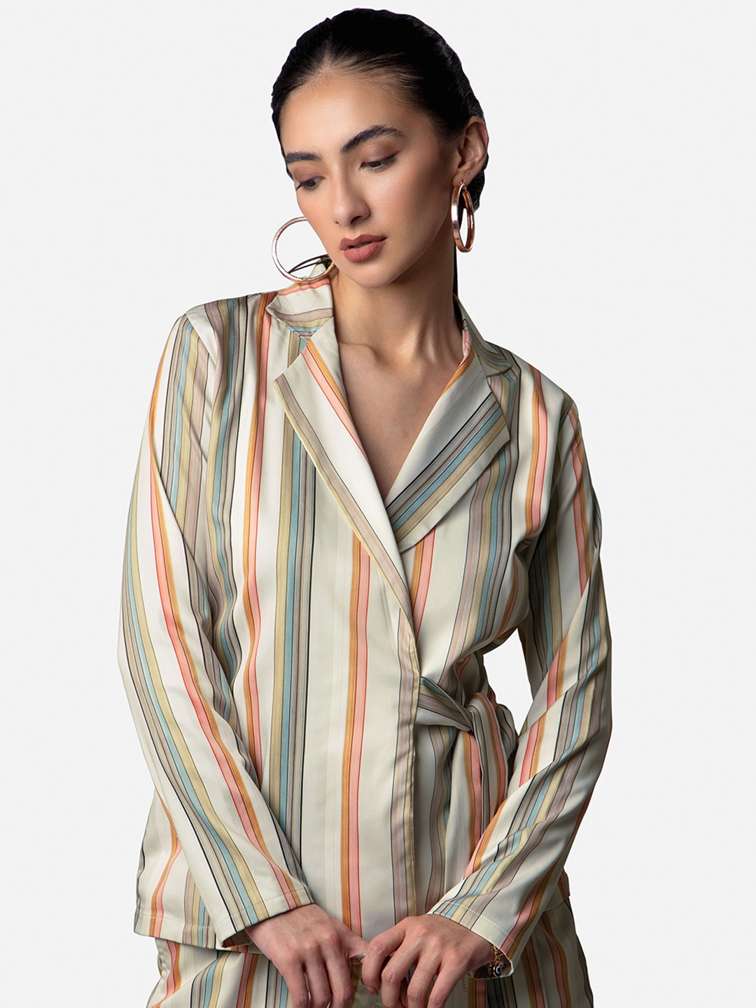 

NEOFAA Women Striped Open Front Satin Wrap Blazer, White