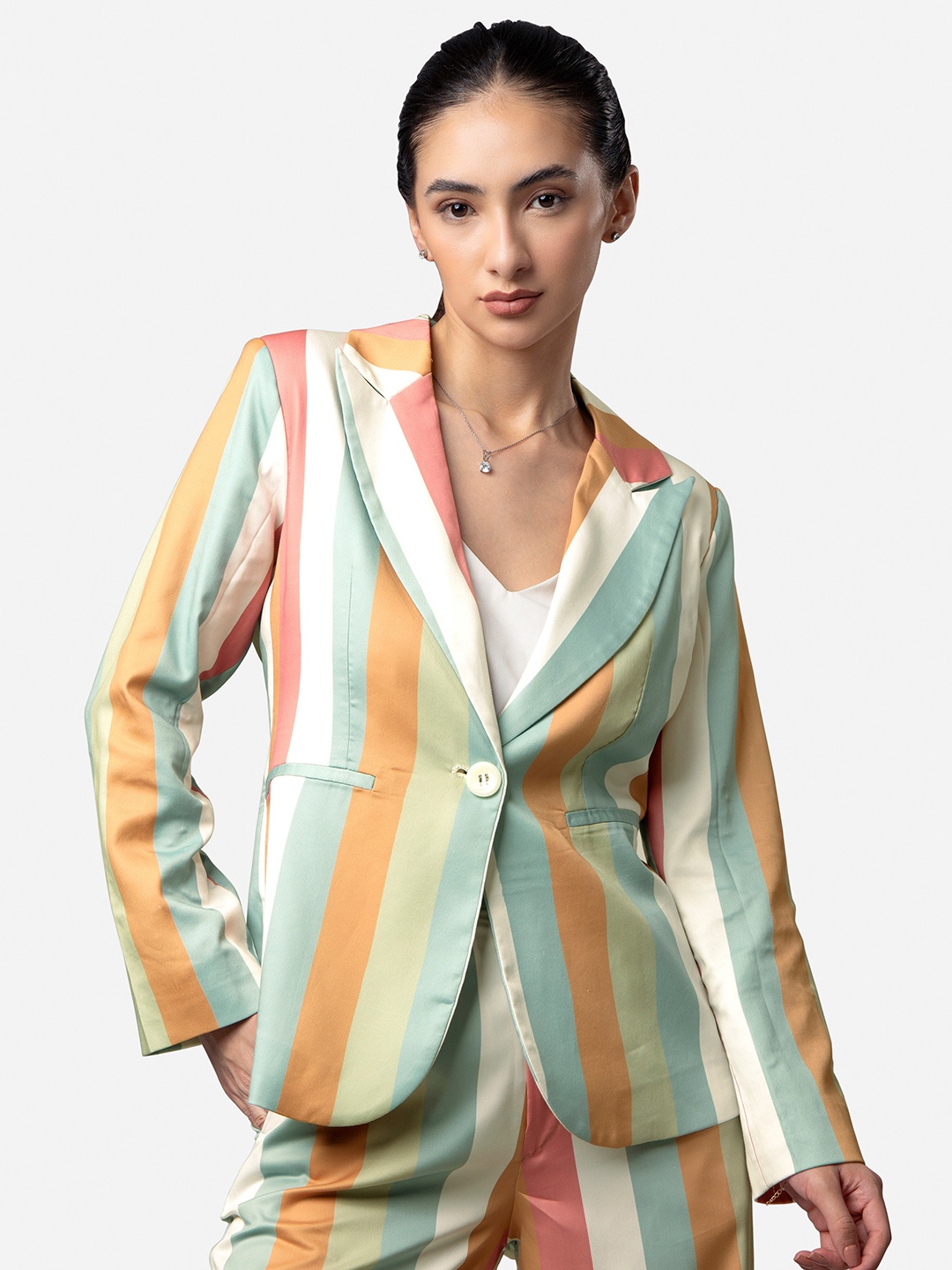 

NEOFAA Women Striped Single-Breasted Satin Blazer, White
