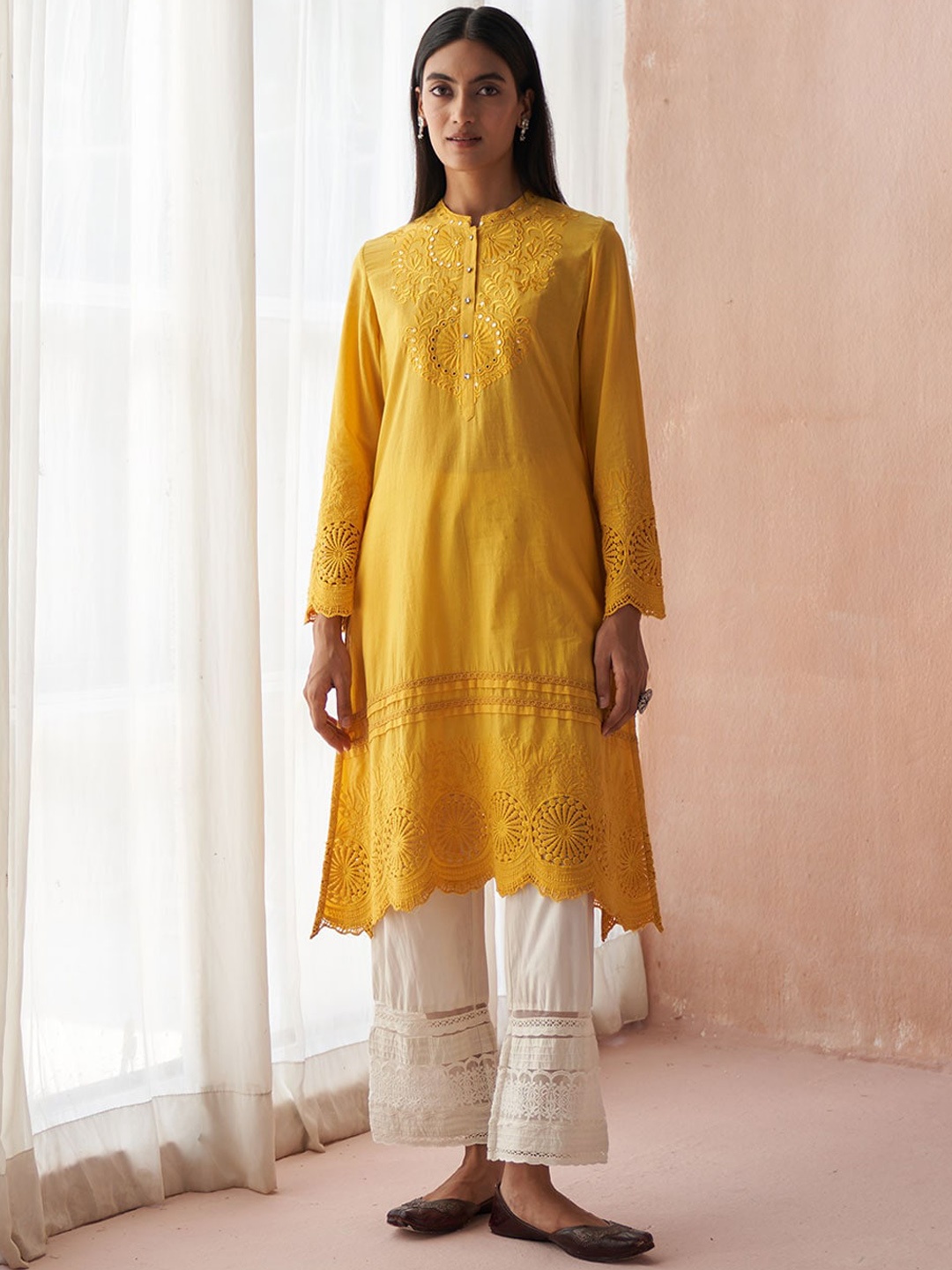 

Lakshita Women Plus Size Ethnic Motif Embroidered Mirror Work A-Line Pure Cotton Kurta, Mustard
