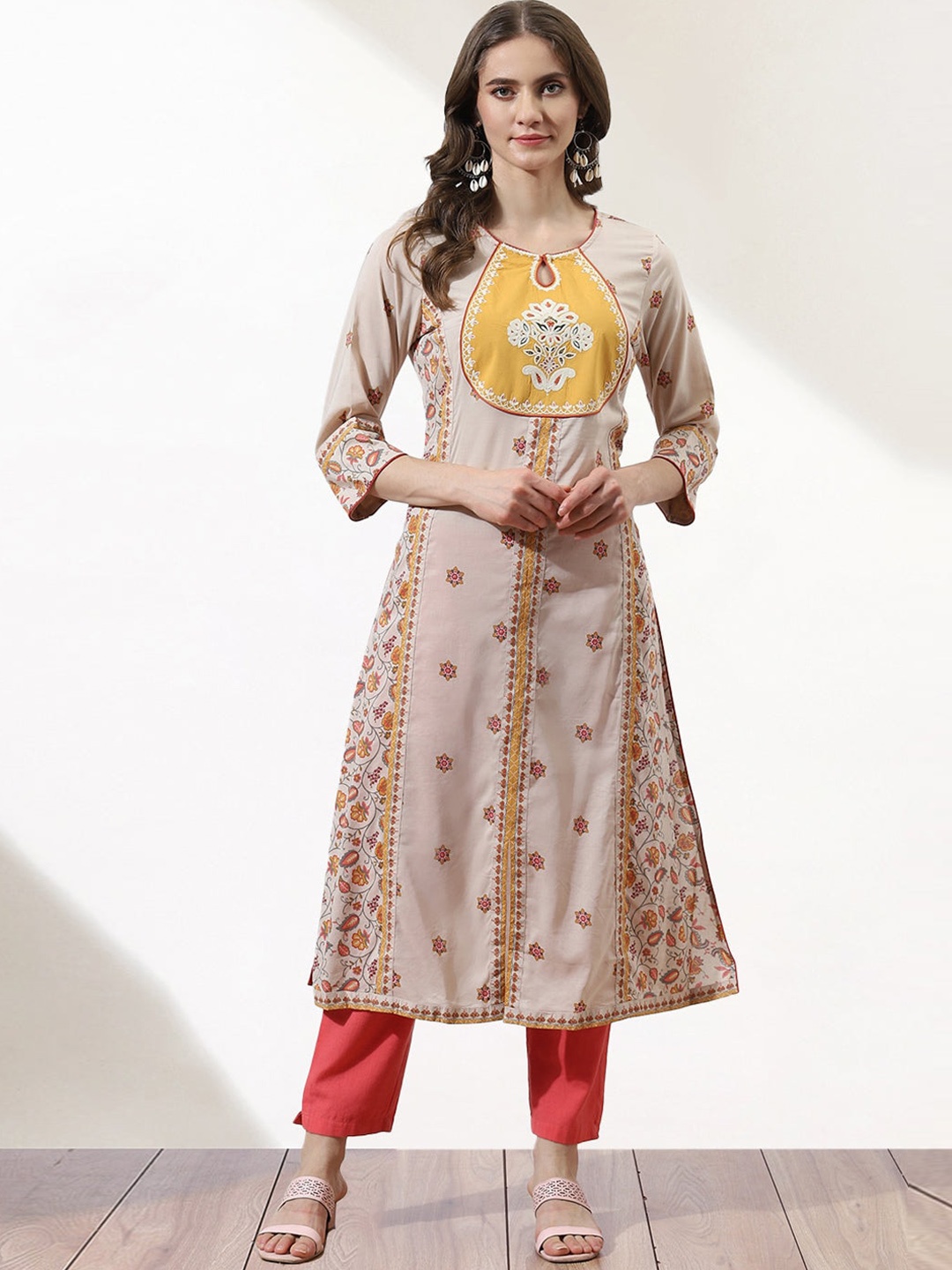 

Lakshita Women Ethnic Motif Printed Keyhole Neck Thread Work A-Line Kurta, Beige