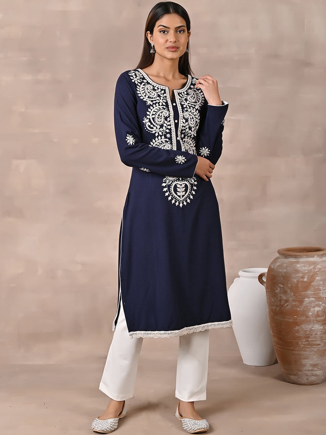 

Lakshita Women Embroidered Thread Work Wool Kurta, Navy blue