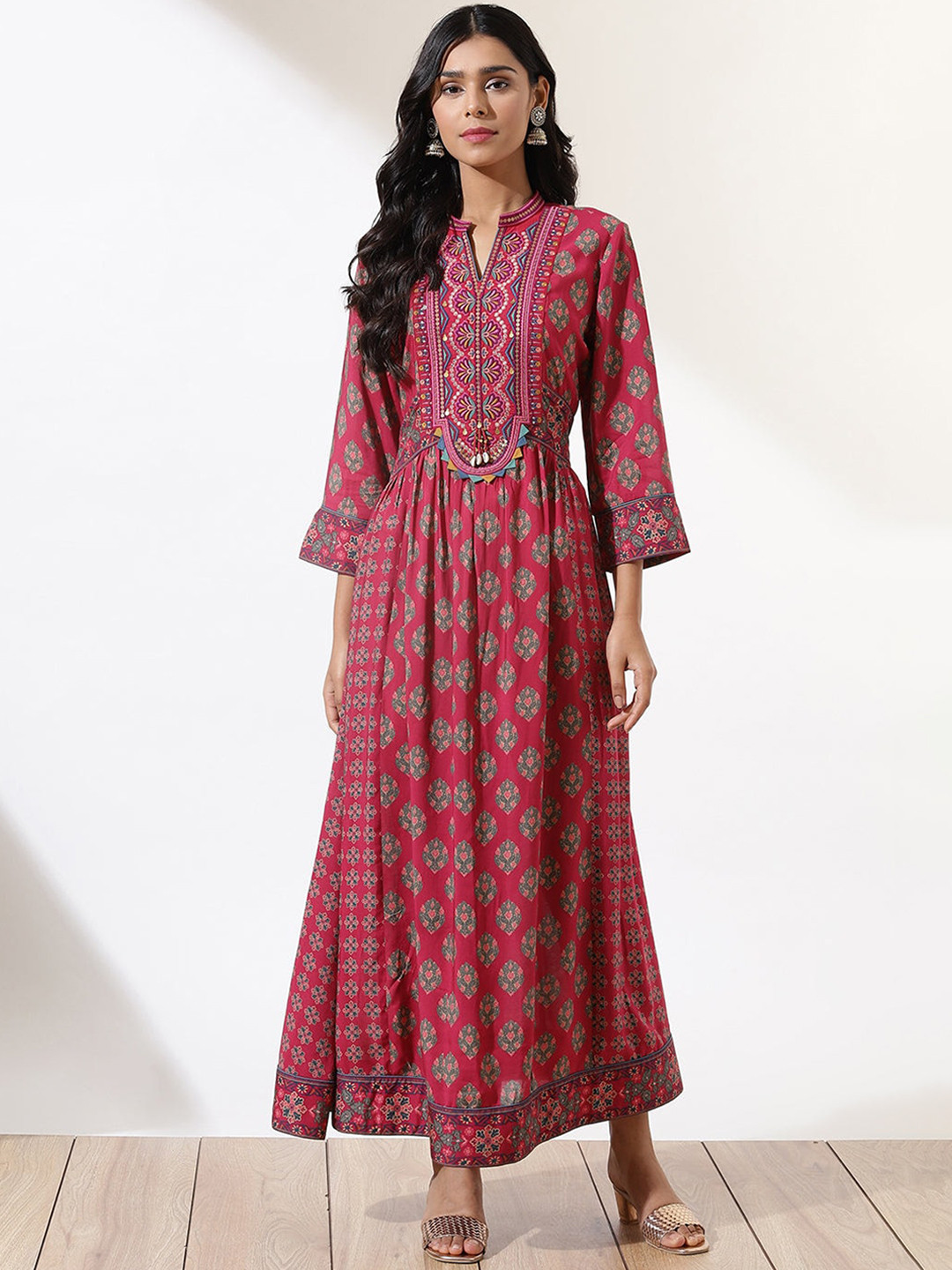 

Lakshita Band Collar Ethnic Motifs Printed Sequins Anarkali Modal Kurta, Fuchsia