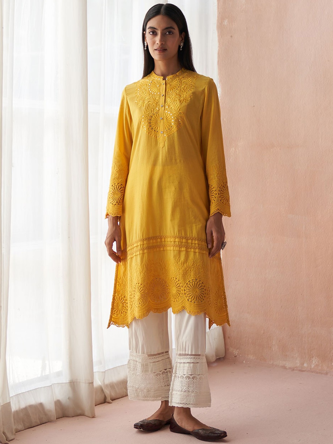 

Lakshita Women Floral Embroidered Flared Sleeves Cotton Kurta, Yellow