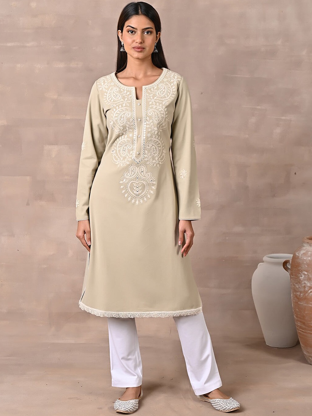 

Lakshita Women Plus Size Embroidered Round Neck Thread Work Kurta, Beige