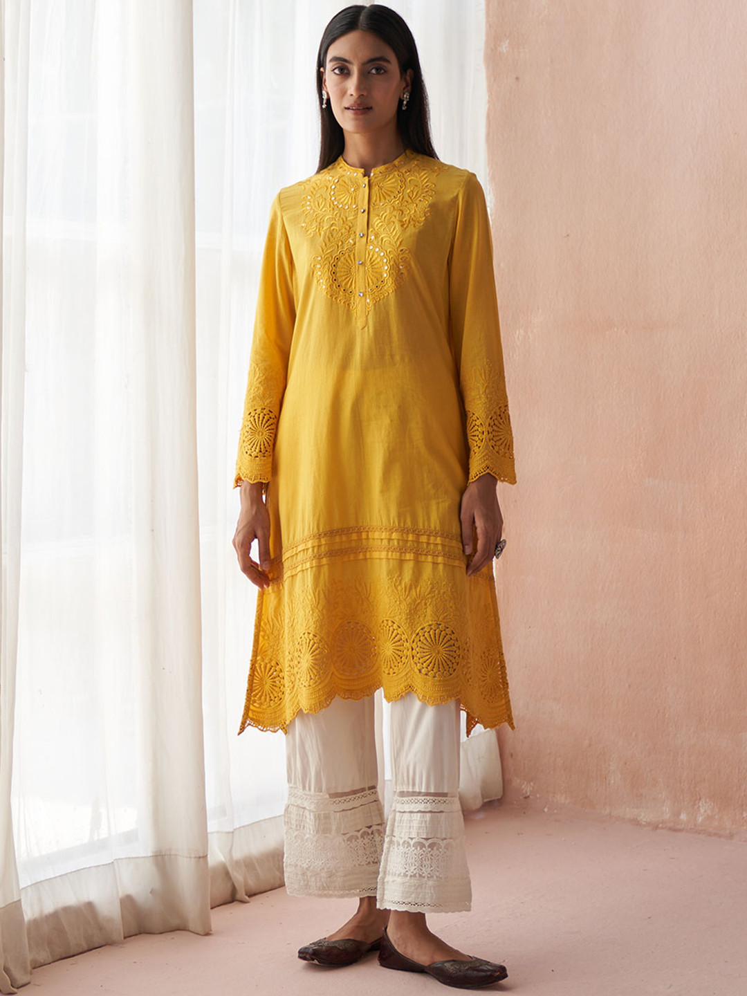 

Lakshita Ethnic Motifs Schiffli Embroidered Pure Cotton Kurta, Yellow
