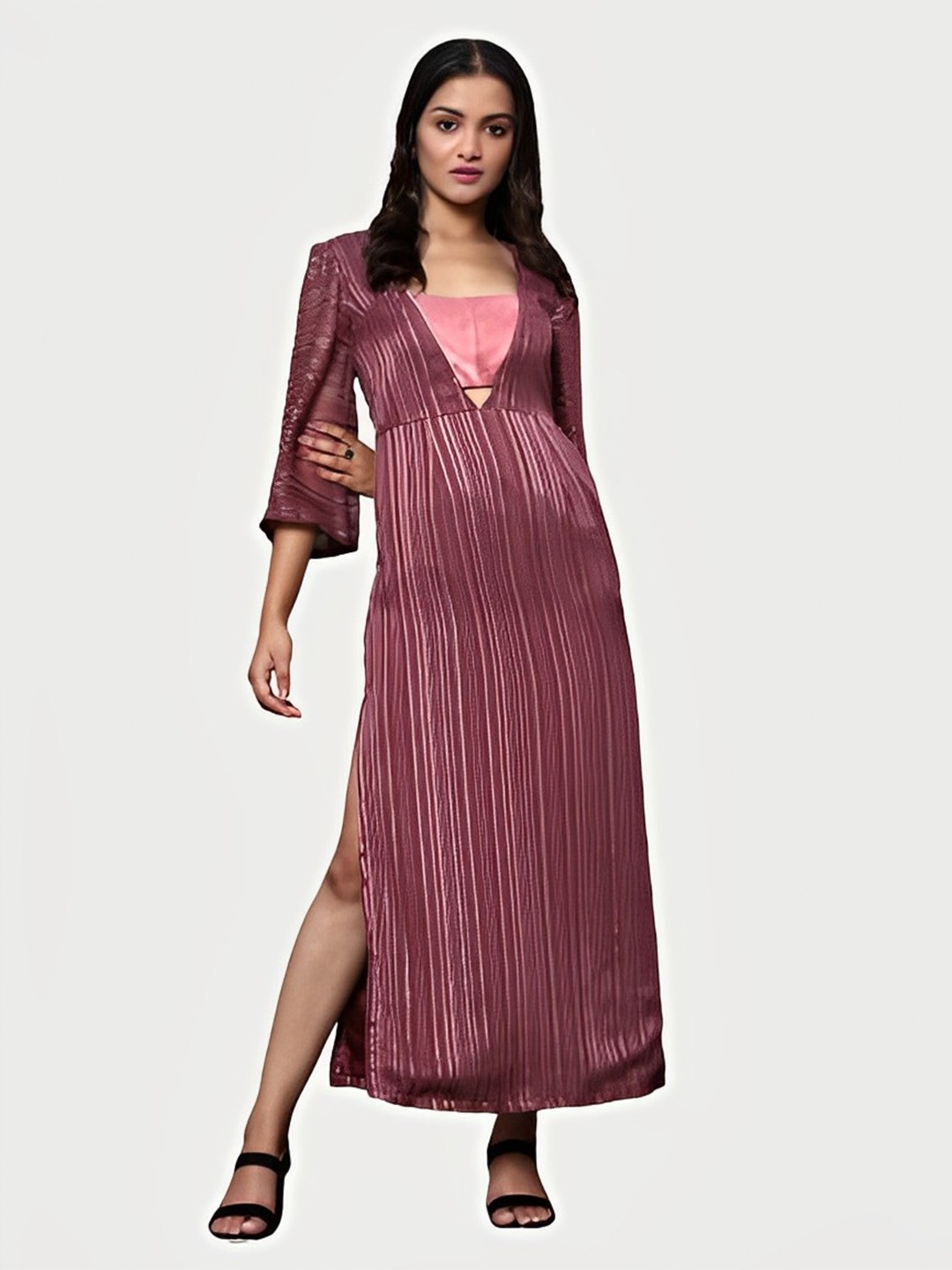 

KHUMAAR Shuchi Bhutani Striped Georgette Maxi Dress, Maroon