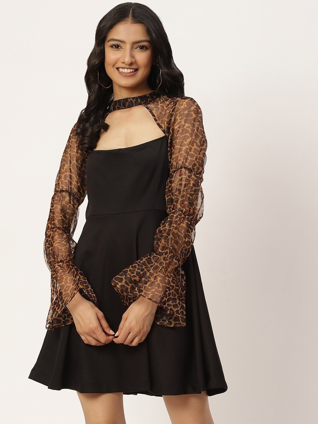 

KHUMAAR Shuchi Bhutani Animal or Skin printed Fit And Flare Dress, Black