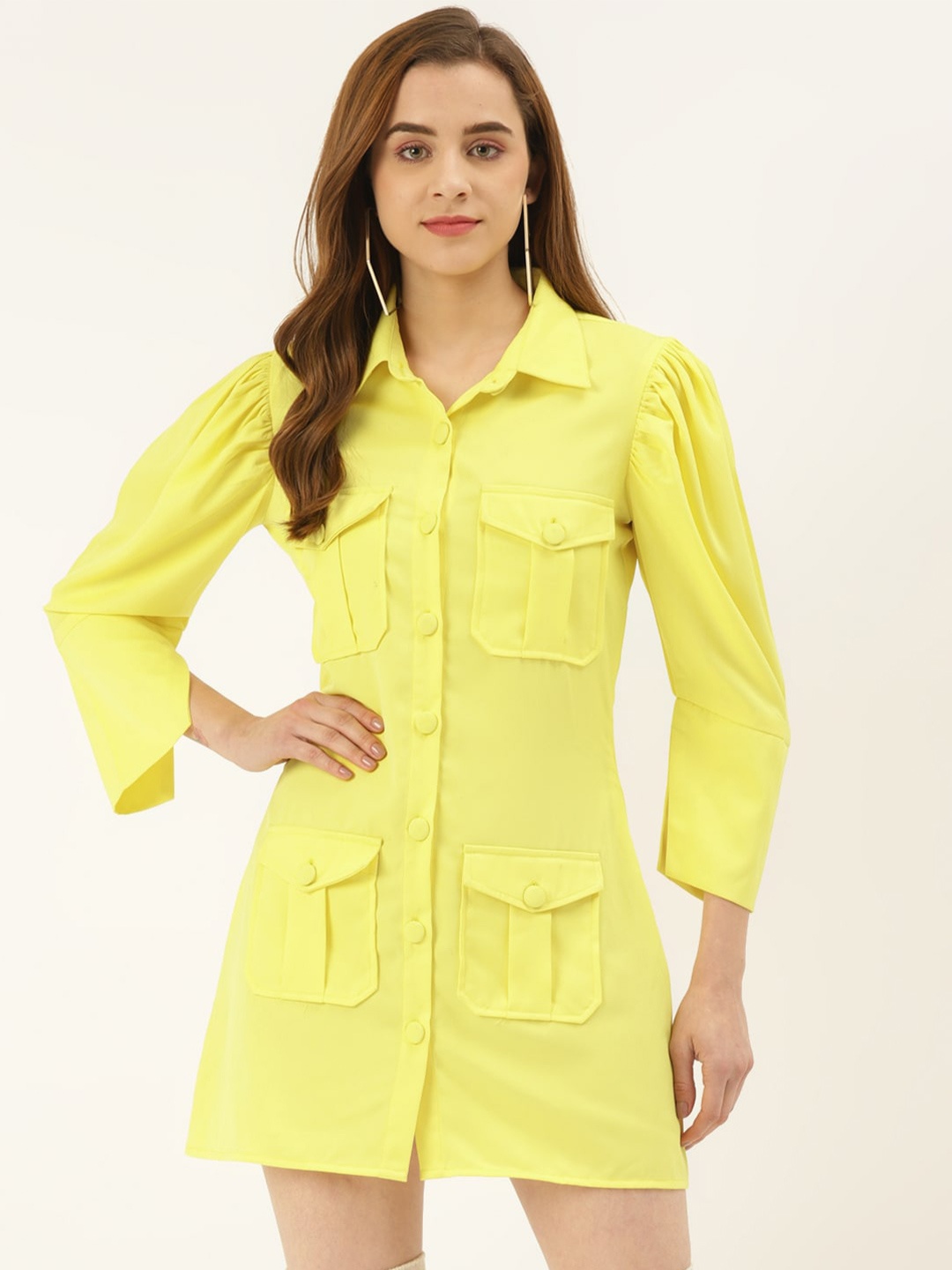 

KHUMAAR Shuchi Bhutani Shirt Collar Puff Sleeves Shirt Dress, Yellow