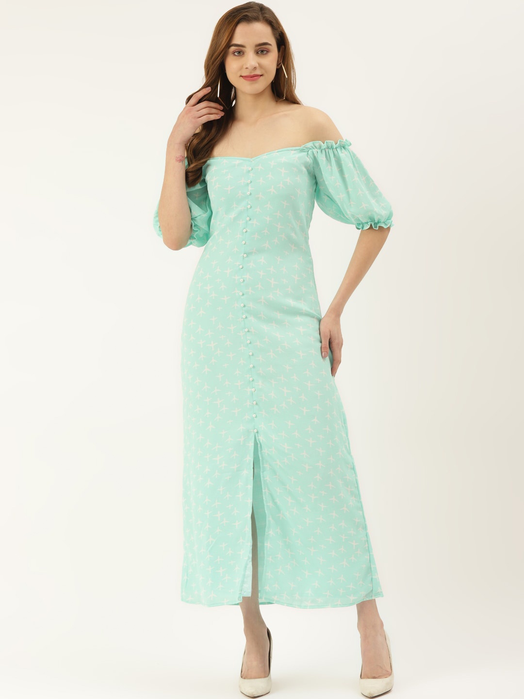 

KHUMAAR Shuchi Bhutani Off-Shoulder Crepe Maxi Dress, Blue