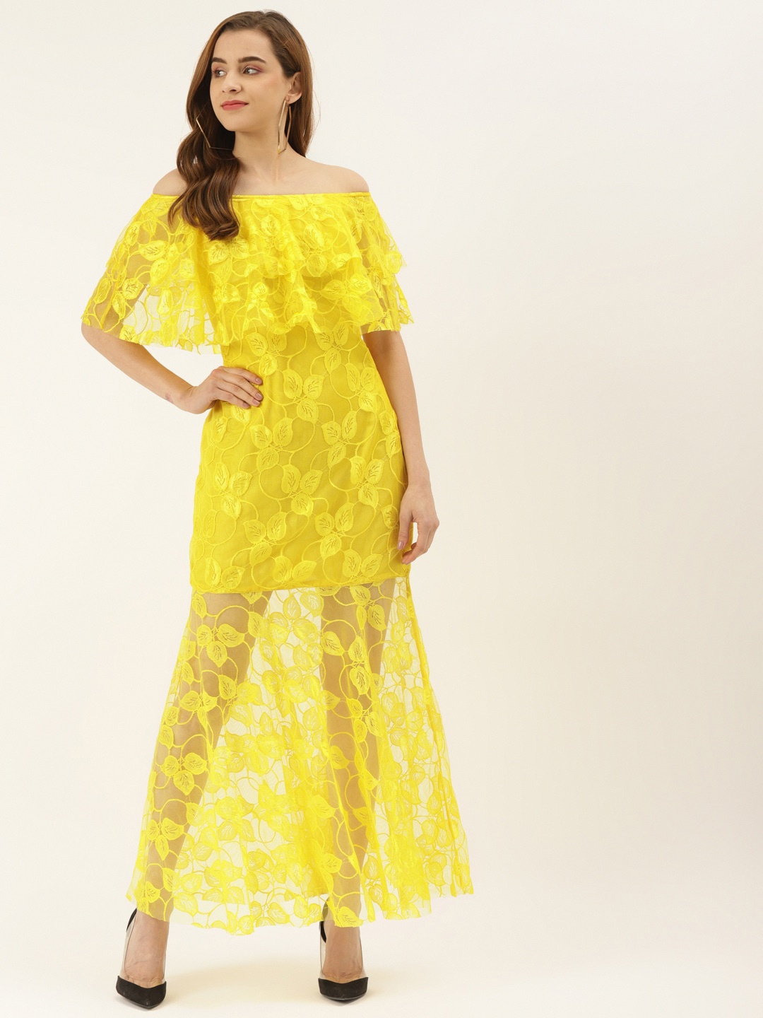 

KHUMAAR Shuchi Bhutani Laced Floral Off-Shoulder Net Maxi Dress, Yellow