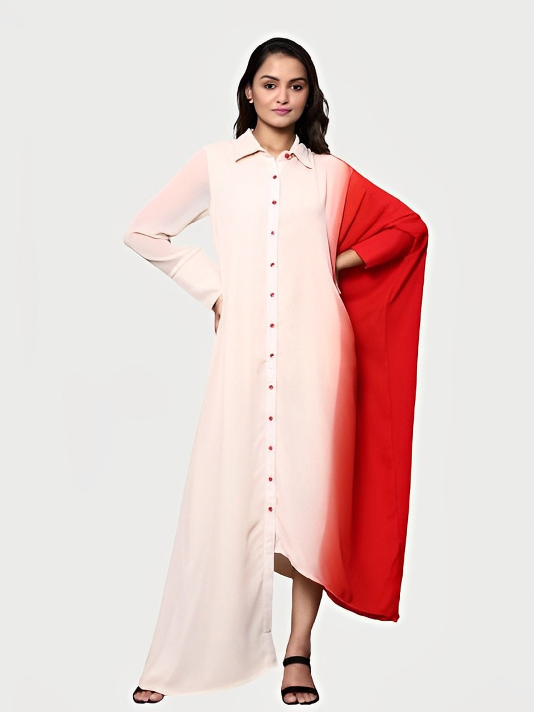 

KHUMAAR Shuchi Bhutani Colourblocked Georgette Shirt Maxi Dress, Red