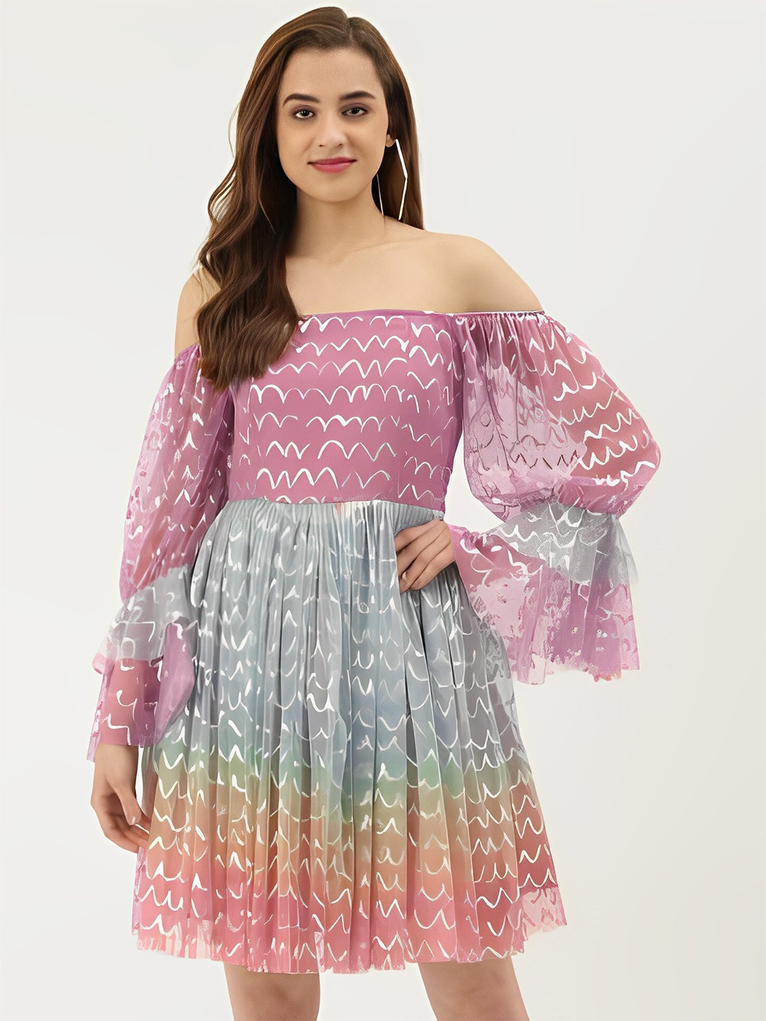 

KHUMAAR Shuchi Bhutani Colourblocked Off-Shoulder Net Dress, Pink