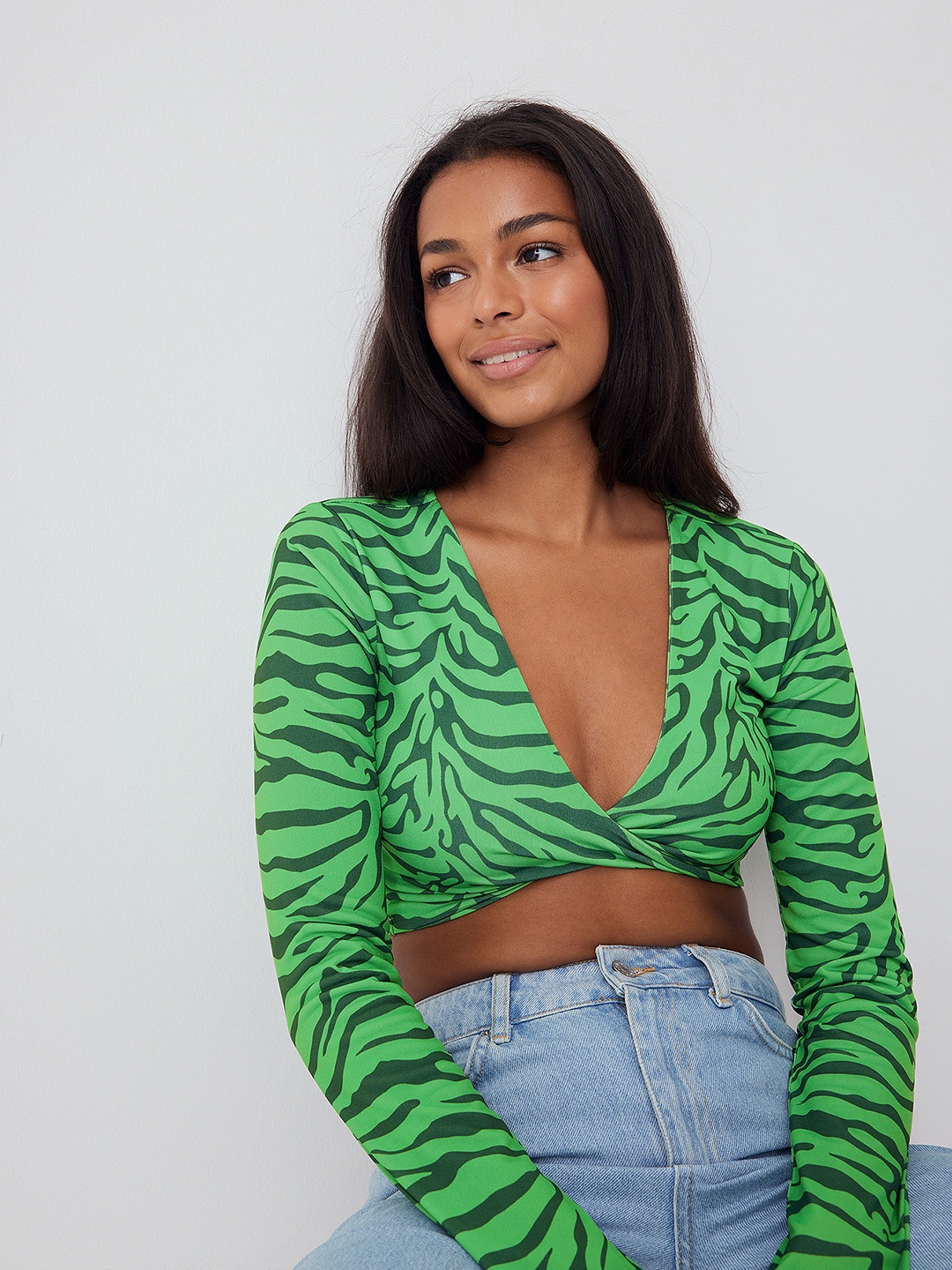 

NA-KD X Josefine Simone Animal Print Twisted Wrap Crop Top, Green