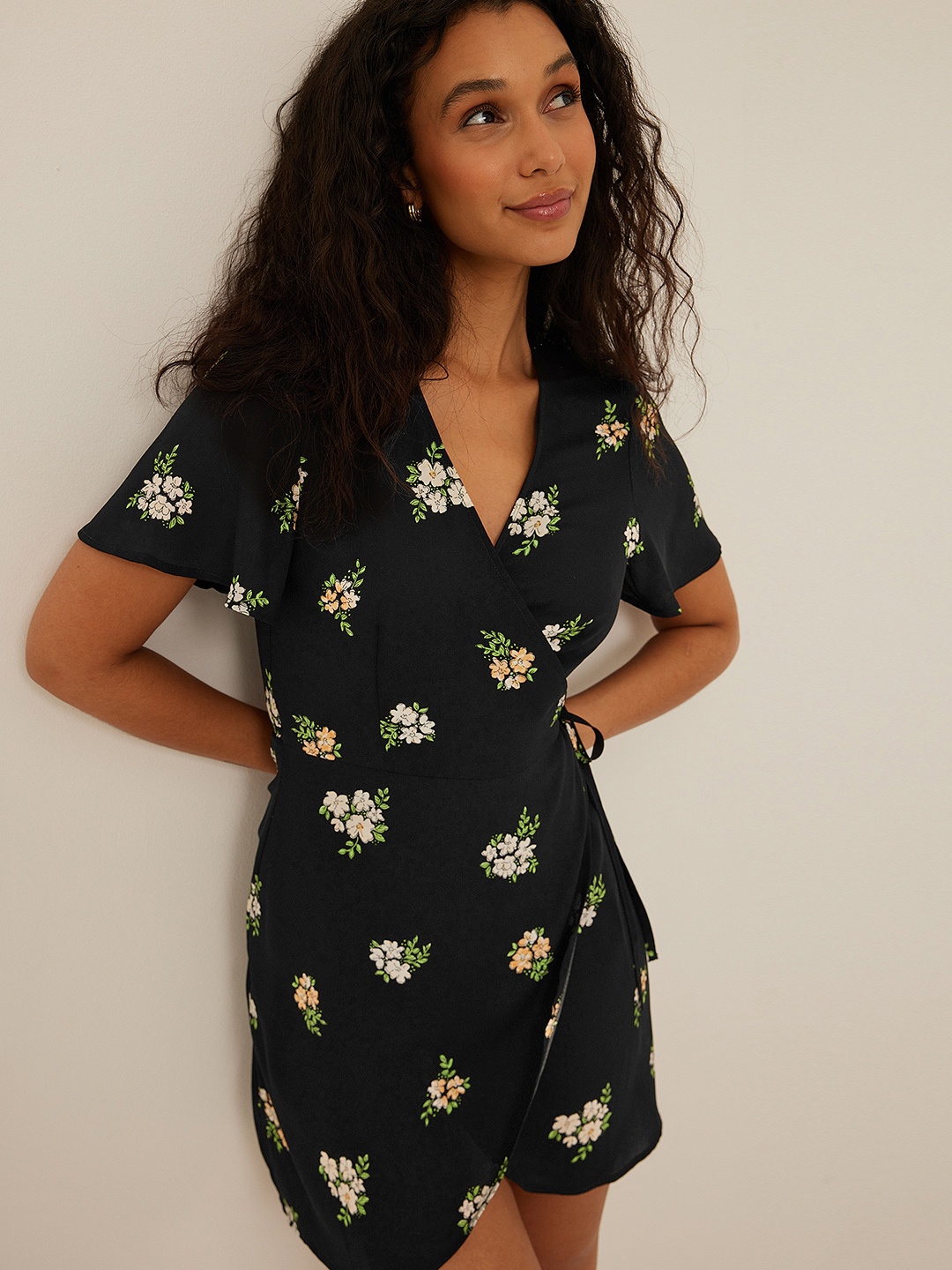

NA-KD Floral Print Mini Wrap Dress, Black