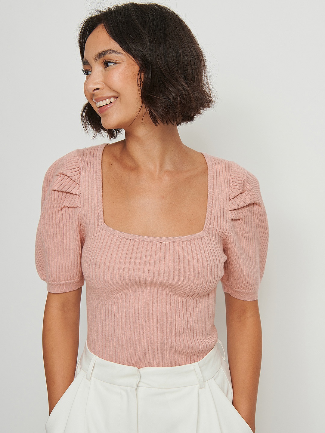 

NA-KD Square Neck Ribbed Top, Rose