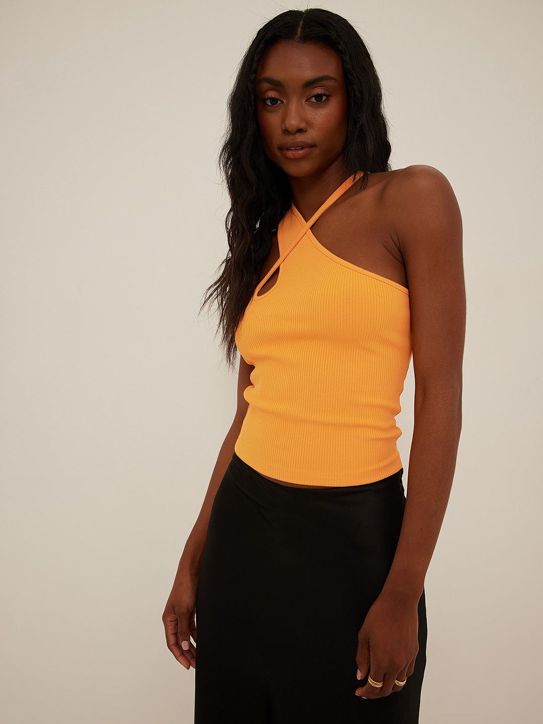 

NA-KD Asymmetric Shoulder Strap Ribbed Top, Orange