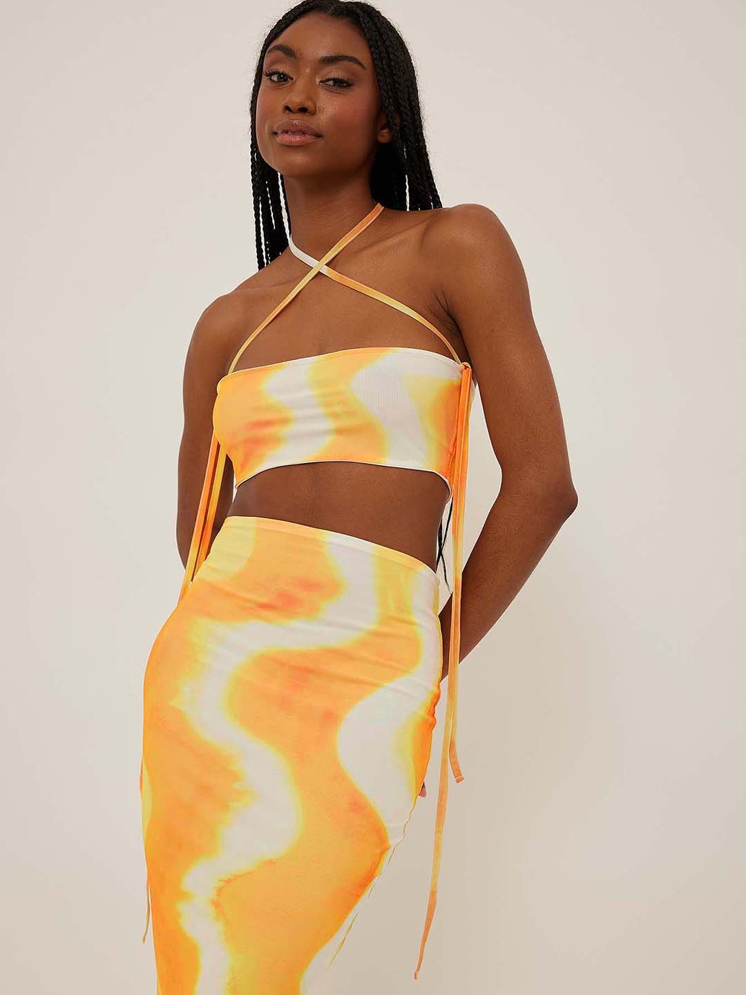 

NA-KD X Angelica Blick Tie and Dye Halter Neck Smocked Crop Top, Orange