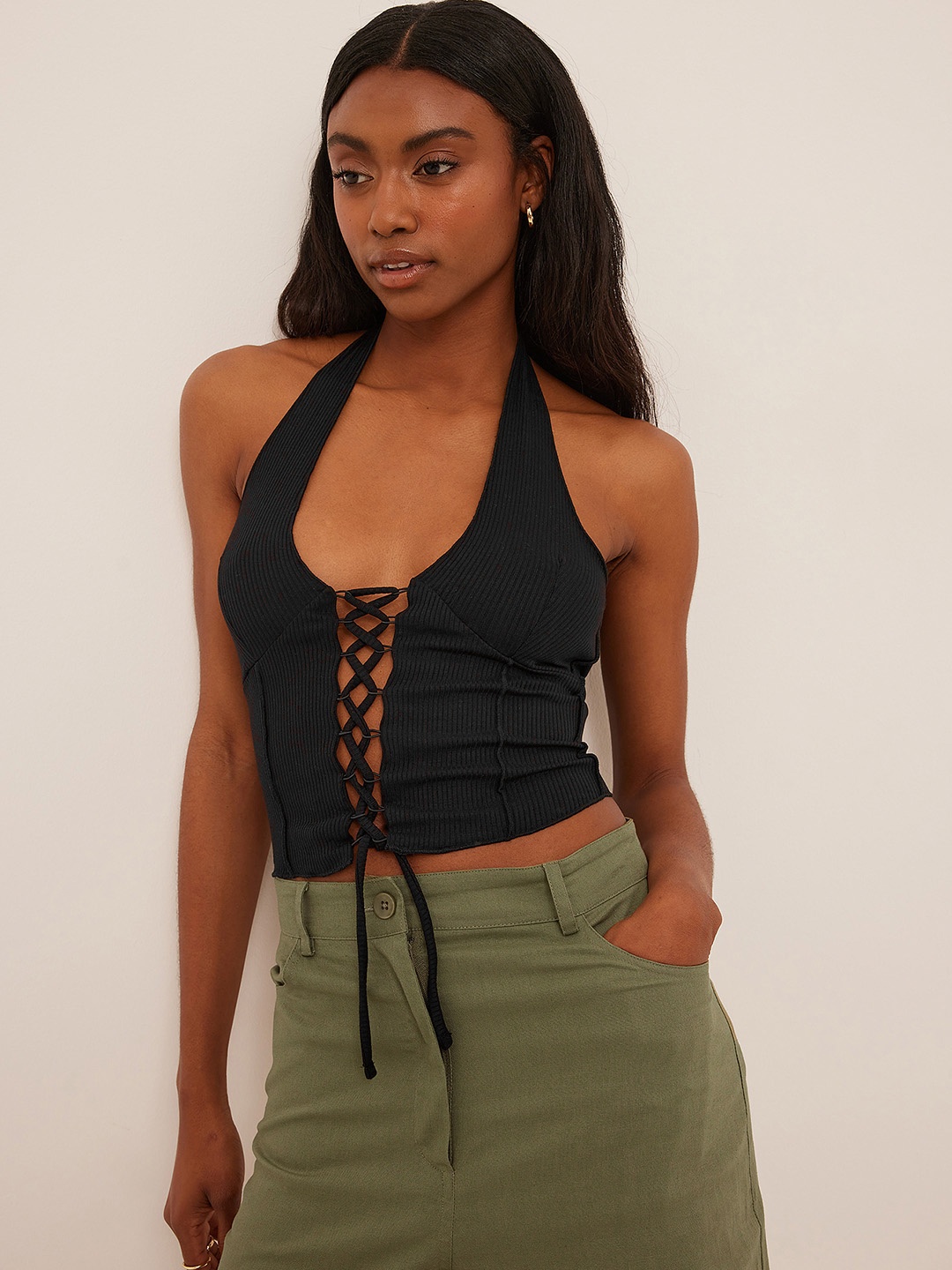 

NA-KD Halter Neck Lace-Up Crop Top, Black