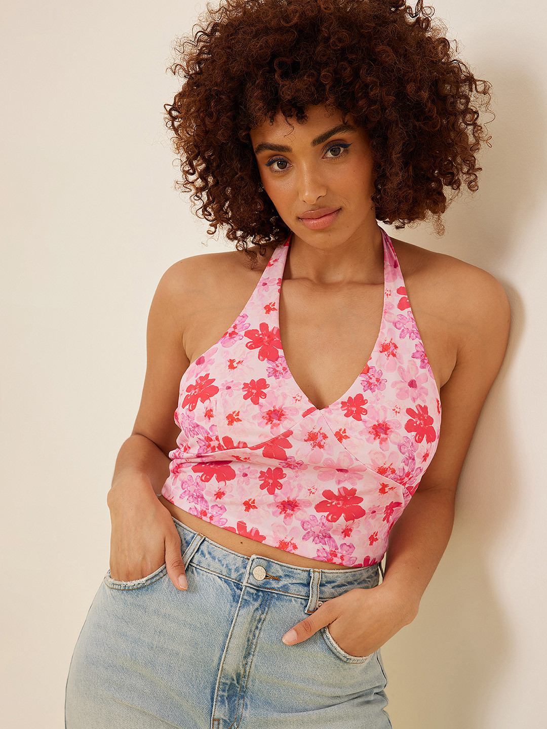 

NA-KD Floral Print Halter Neck Crop Top, Pink