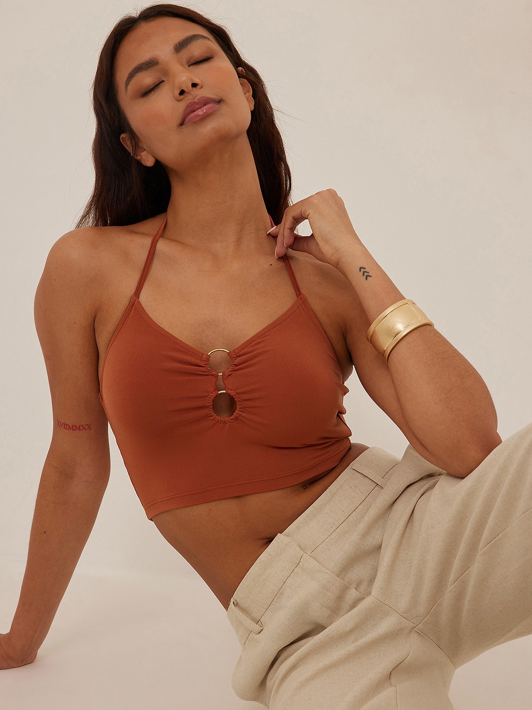 

NA-KD Cut Out Ring Detail Halter Neck Crop Top, Brown
