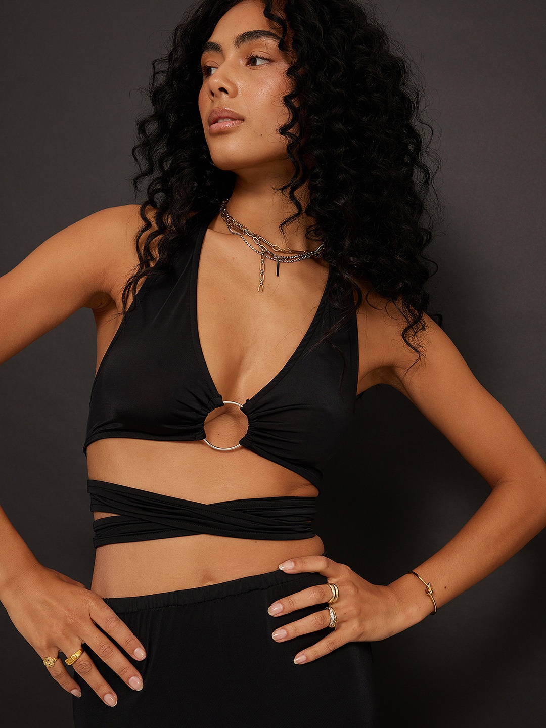 

NA-KD Ring Cut Out Detail Halter Neck Crop Top, Black