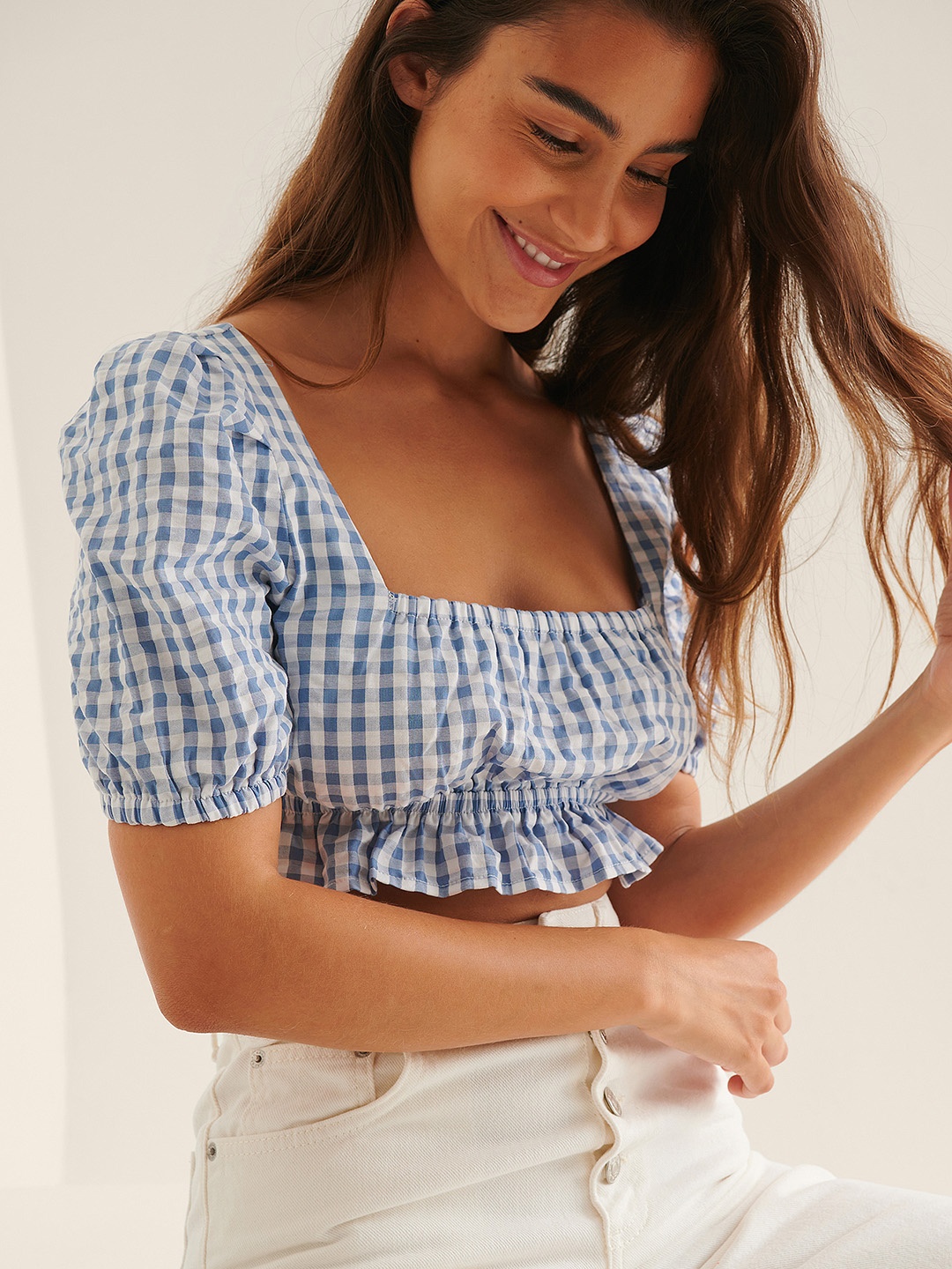 

NA-KD Gingham Checked Organic Cotton Empire Crop Top, Blue