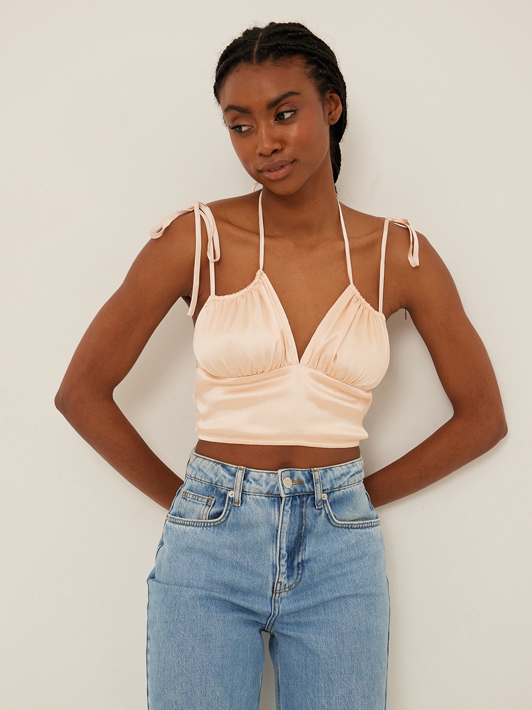 

NA-KD Shoulder Straps Satin Smocked Fitted Crop Top, Cream