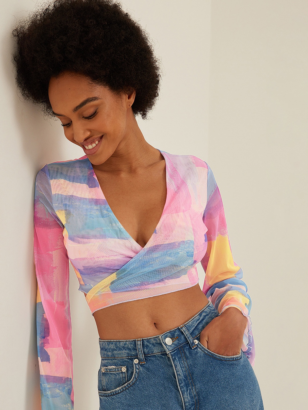 

NA-KD Abstract Printed Wrap Crop Top, Pink