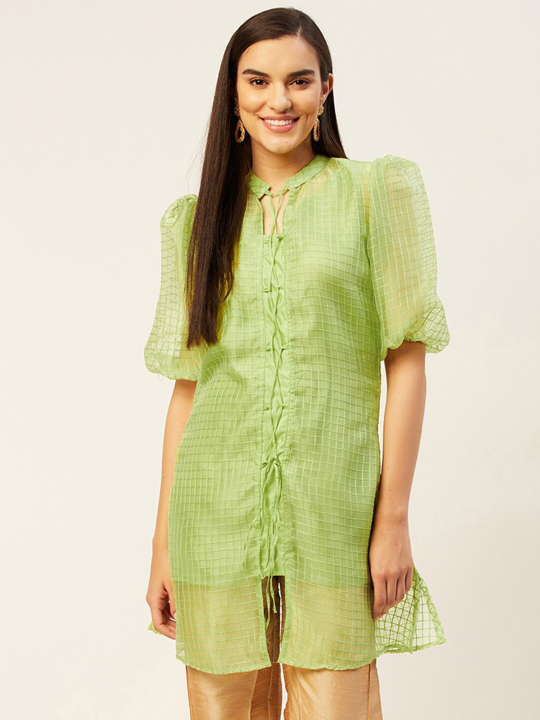 

KHUMAAR Shuchi Bhutani Embroidered Organza Puff Sleeves Straight Kurta, Green