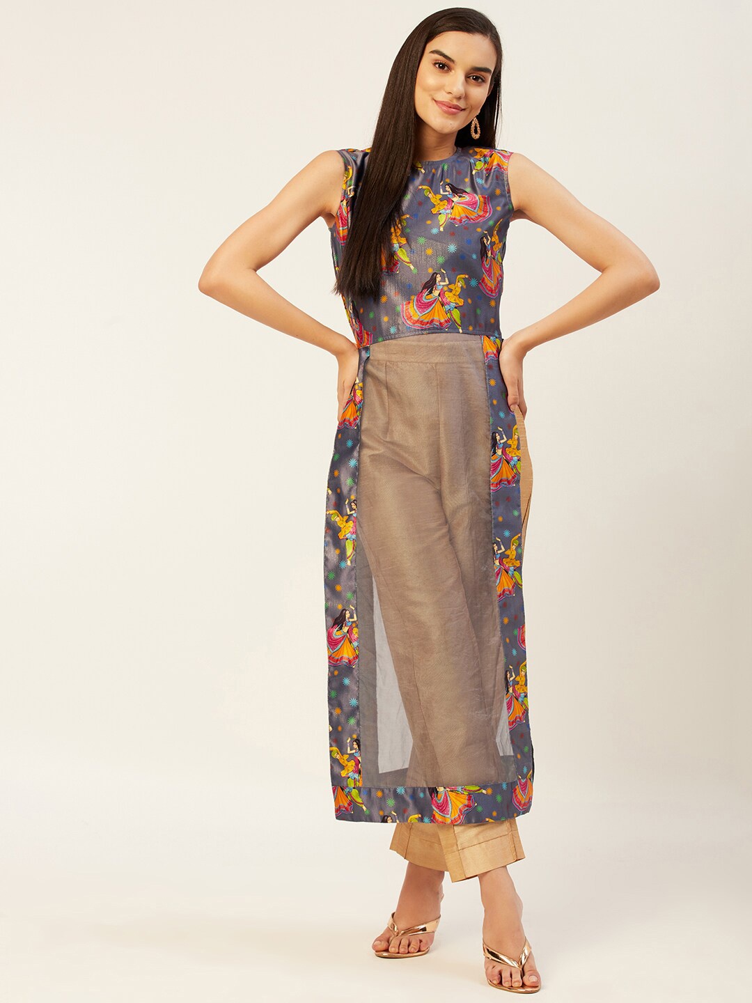 

KHUMAAR Shuchi Bhutani Women Round Neck Ethnic Motifs Printed Kurta, Grey