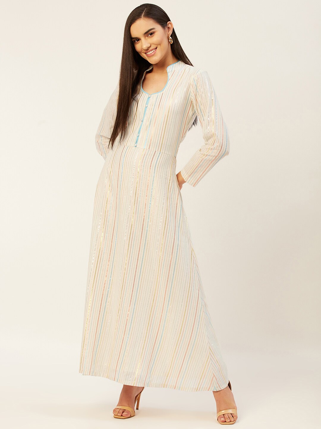 

KHUMAAR Shuchi Bhutani Striped A-Line Maxi Ethnic Dress, White