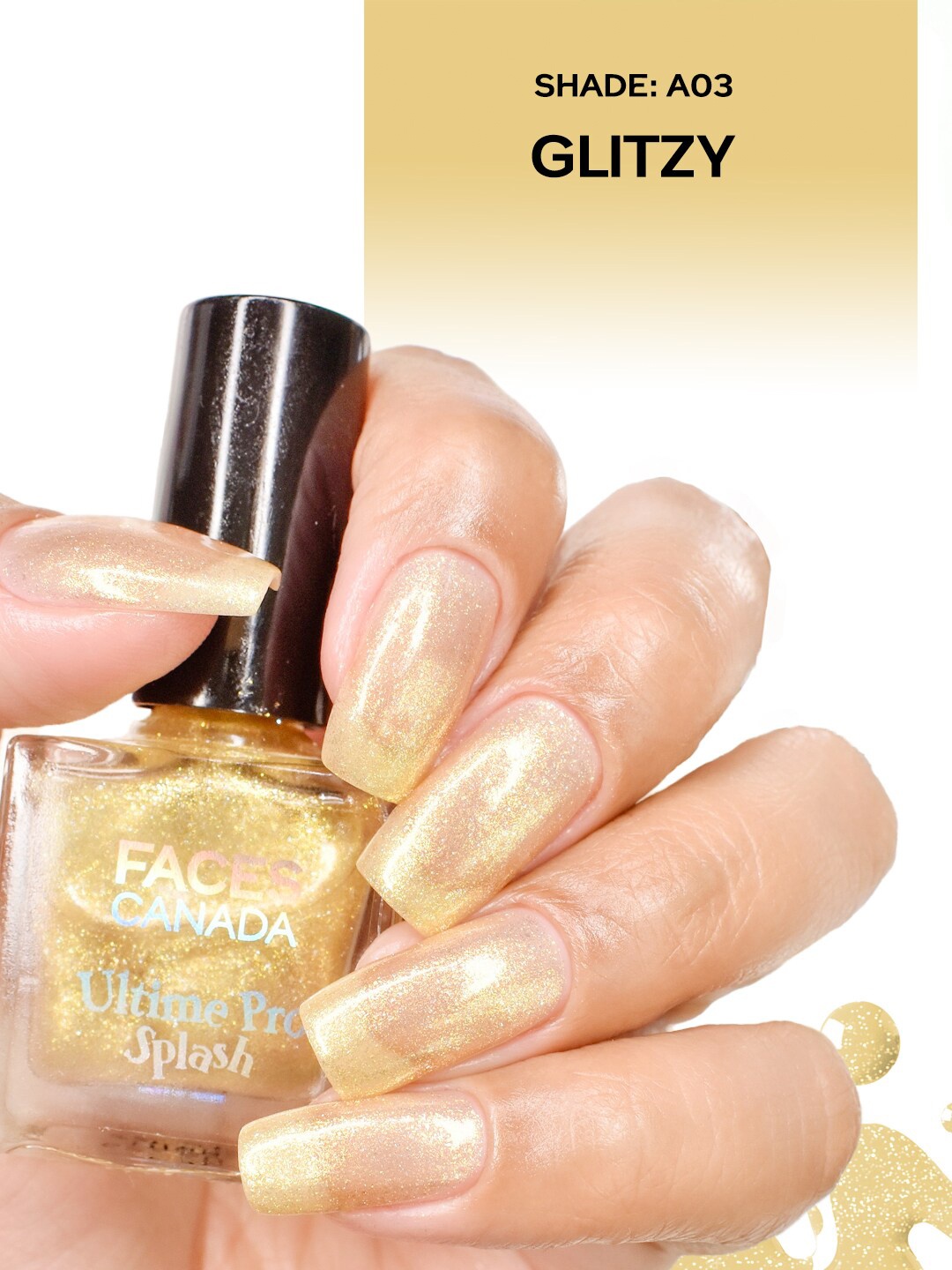 

FACES CANADA Ultime Pro Splash Long-Lasting Quick-Dry Nail Enamel 8ml - Glitzy A03, Gold