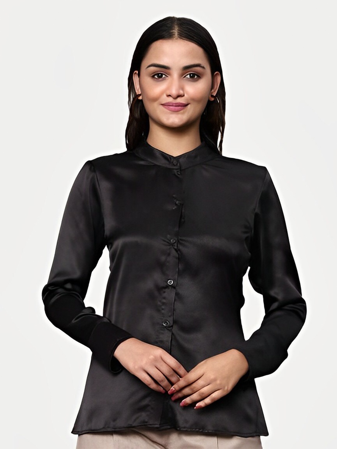 

KHUMAAR Shuchi Bhutani Women Original-Fit Satin Shirt, Black