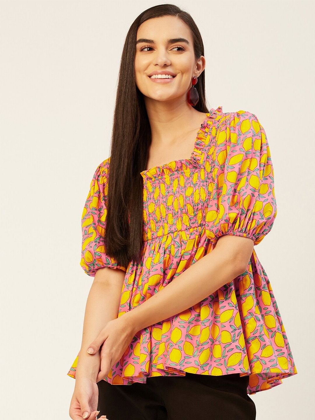 

KHUMAAR Shuchi Bhutani Conversational Print Smocked Pure Cotton Top, Pink