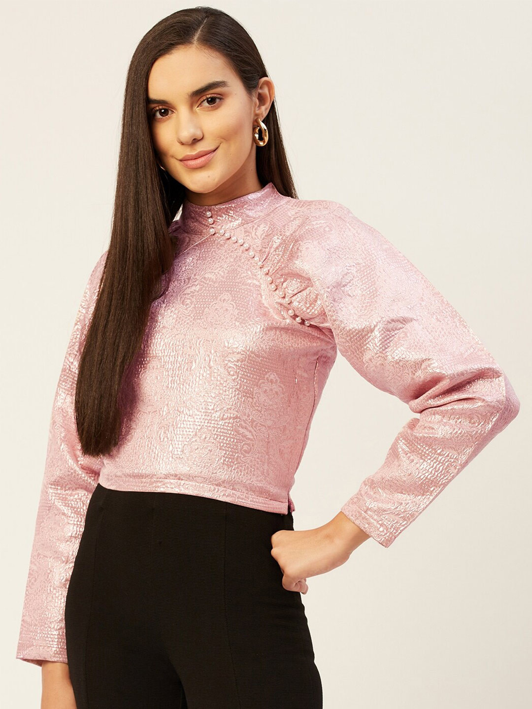 

KHUMAAR Shuchi Bhutani Self Design High Neck Top, Rose gold
