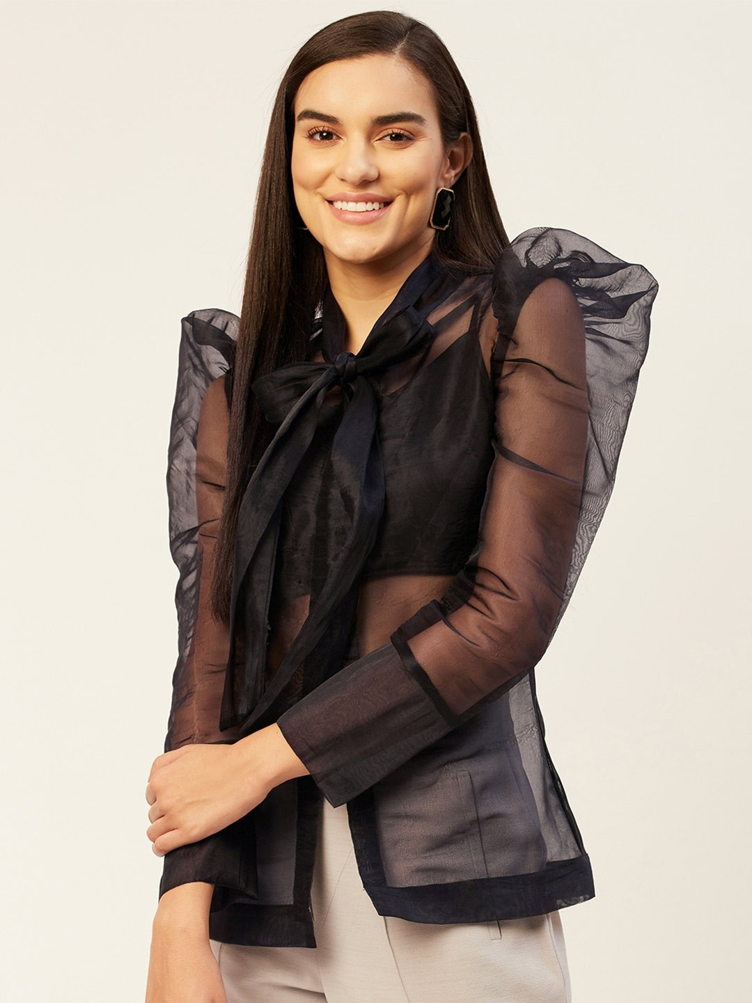 

KHUMAAR Shuchi Bhutani Tie-Up Neck Sheer Satin Top With Bralette, Black