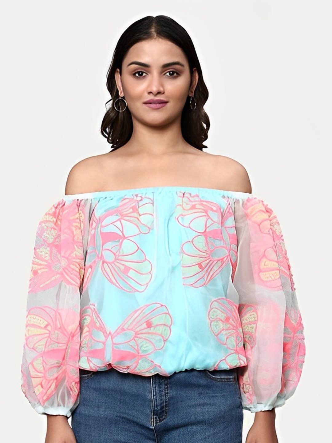 

KHUMAAR Shuchi Bhutani Conversational Printed Puff Sleeves Semi Sheer Off-Shoulder Top, Turquoise blue