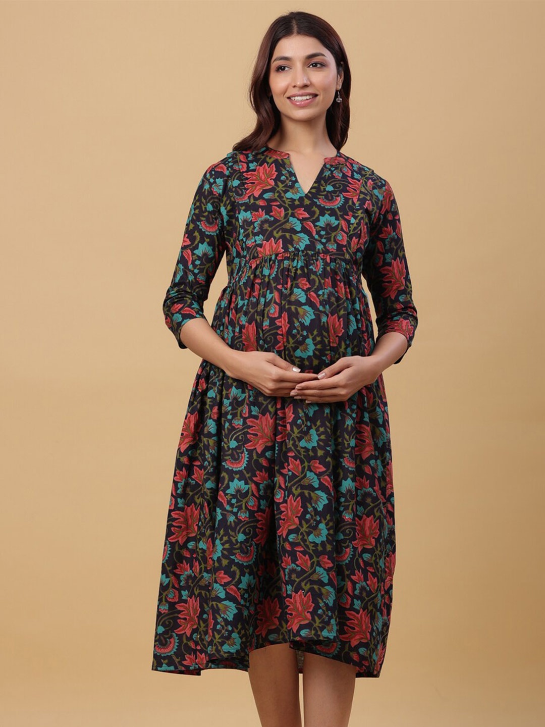 

CRAFIQA Floral Printed Maternity Empire Midi Cotton Dress, Black