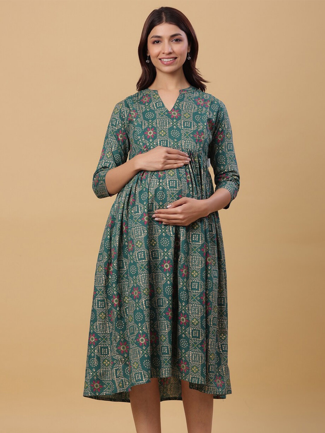 

CRAFIQA Ethnic Motif Printed Band Collar Maternity A-Line Midi Cotton Dress, Green