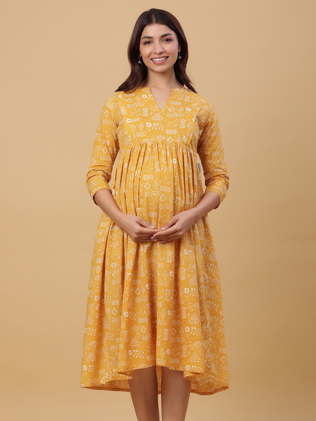 

CRAFIQA Ethnic Motif Printed Maternity Empire Midi Cotton Dress, Mustard