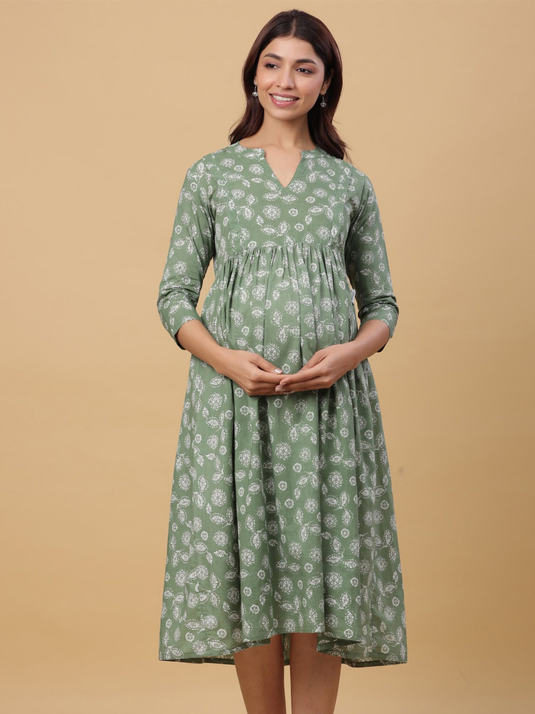 

CRAFIQA Tropical Printed Maternity Empire Midi Cotton Dress, Green