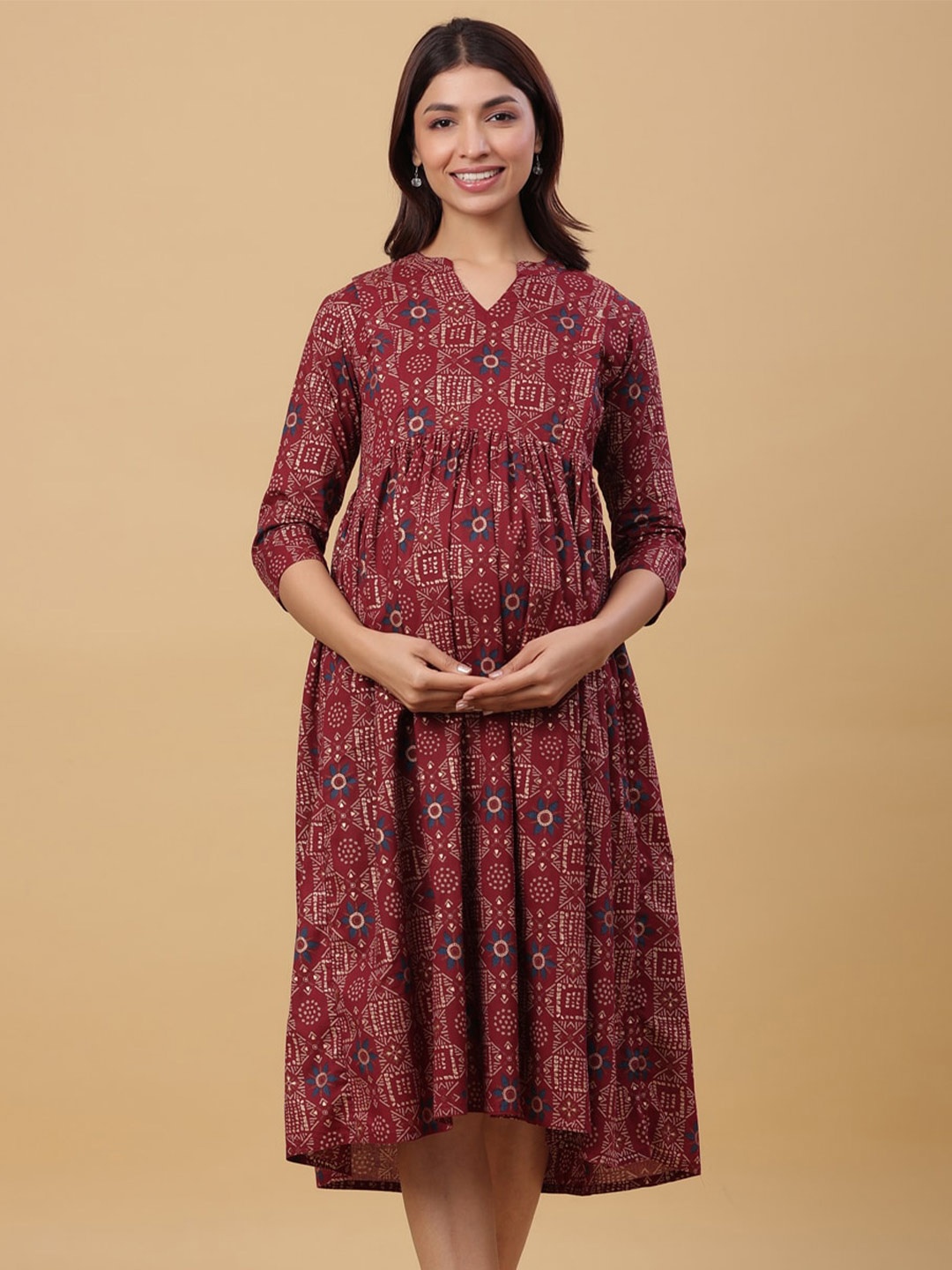 

CRAFIQA Ethnic Motif Printed Maternity Empire Midi Cotton Dress, Maroon