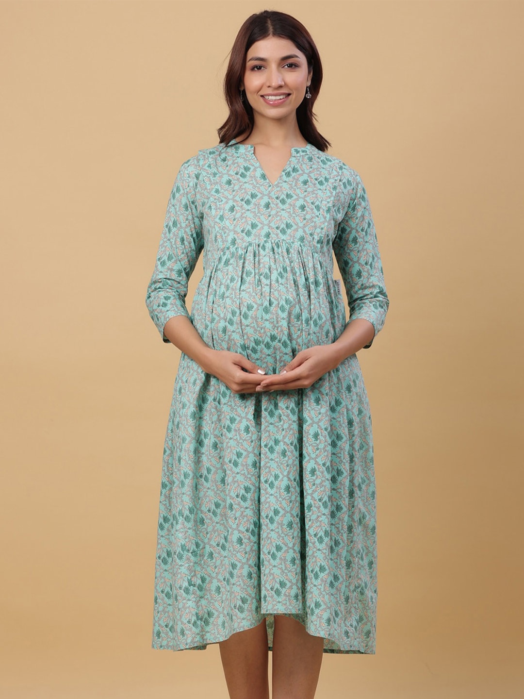 

CRAFIQA Floral Printed Maternity Empire Midi Cotton Dress, Sea green