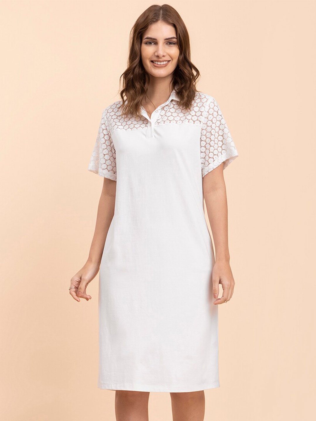 

FableStreet Shirt Collar T-shirt Cotton Dress, White