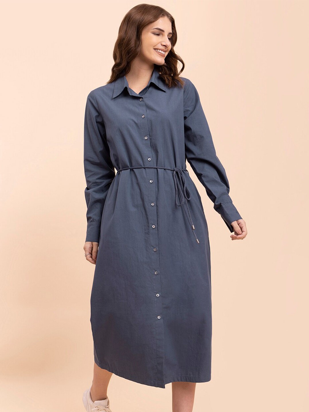 

FableStreet Shirt Midi Cotton Dress, Navy blue