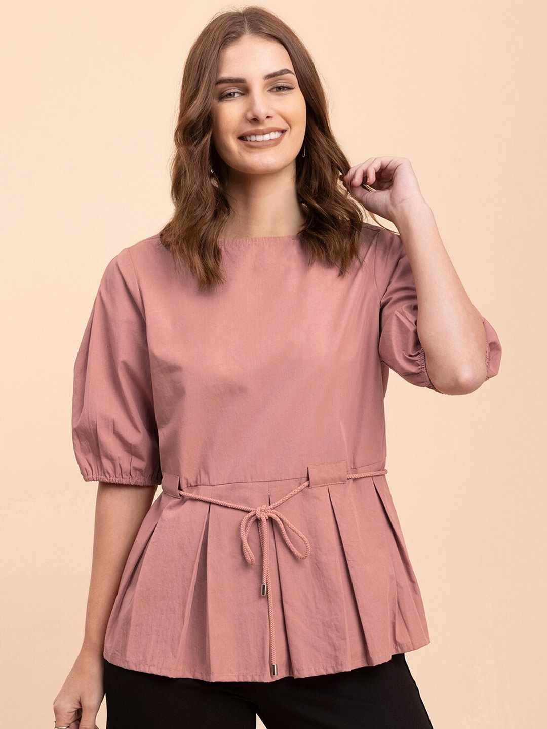

FableStreet Waist Tie-Ups Cinched Waist Top, Pink