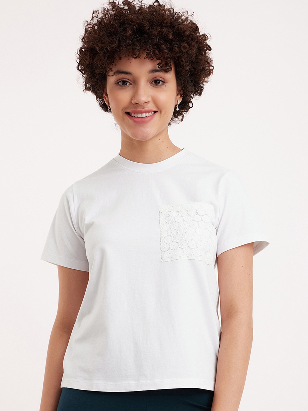 

FableStreet Schiffli Pocket Single Jersey Pure Cotton Relaxed Fit T-shirt, White