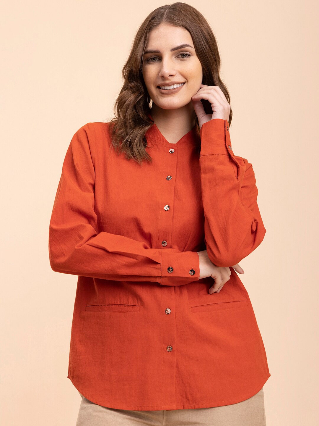 

FableStreet Women Linen Casual Shirt, Orange