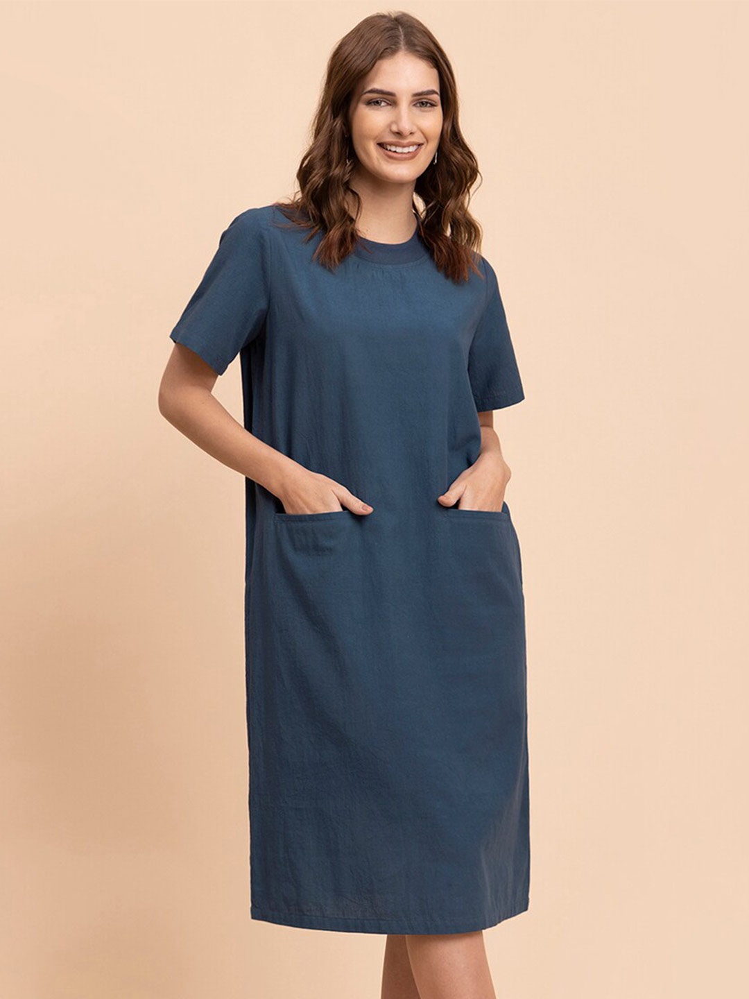 

FableStreet Round Neck Linen A-Line Dress, Blue