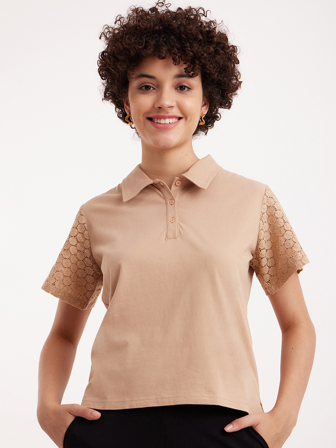 

FableStreet Women Polo Collar Pure Cotton T-shirt, Beige